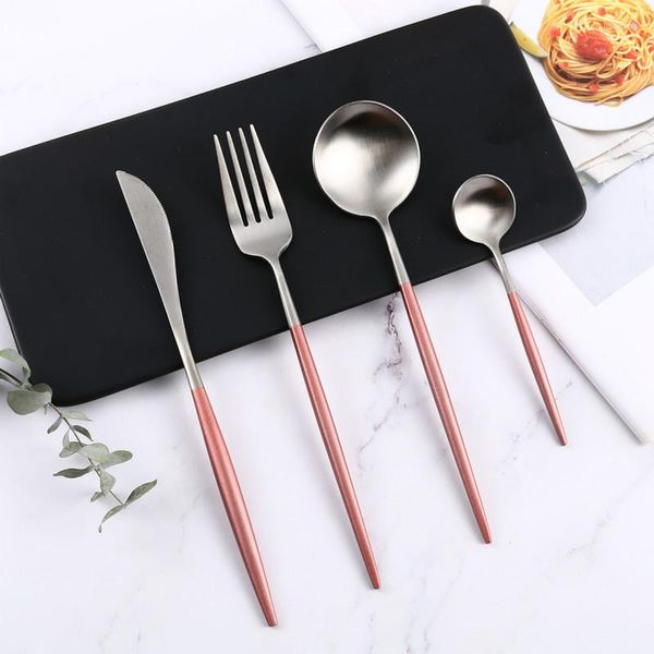 Ensembles de vaisselle rose argent 4 pièces/ensemble en acier inoxydable givré ensemble de couverts couteau cuillère fourchette Dessert Restaurant voyage vaisselle occidentale