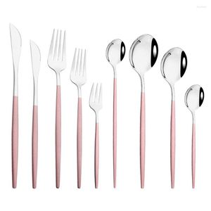 Dijksets Pink Silver Set Cake Fork Dessert Lepel Dinner Knife Flatlery Steeksel 6pcs roestvrij staal servies keuken