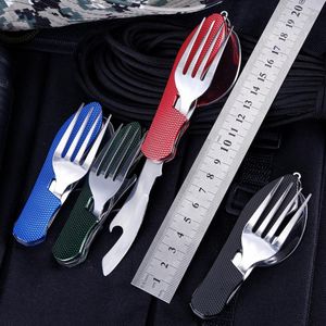 Juegos de vajilla portátil 4 en 1, utensilio de viaje de acero inoxidable, cuchillo plegable, tenedor, cuchara, abrebotellas, cubiertos multifunción para comer