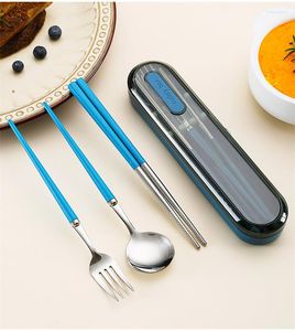 Ensembles de vaisselle Ensemble de couverts portables avec étui de rangement Fourchette en acier inoxydable Cuillère Baguettes Voyage Camping Vaisselle Ustensiles de cuisine