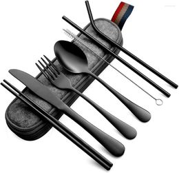 Ensembles de vaisselle Ustensiles portables Voyage Camping Ensemble de couverts 8 pièces comprenant un couteau, une fourchette, une cuillère, des baguettes, une brosse de nettoyage, des pailles et un étui