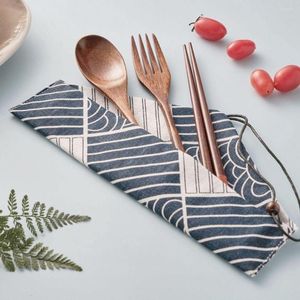 Conjuntos de vajilla Kit de cubiertos de madera portátil Almuerzo Herramientas para comer Tenedor Cuchara Palillos Vajilla al aire libre con bolsa de tela Regalo de picnic