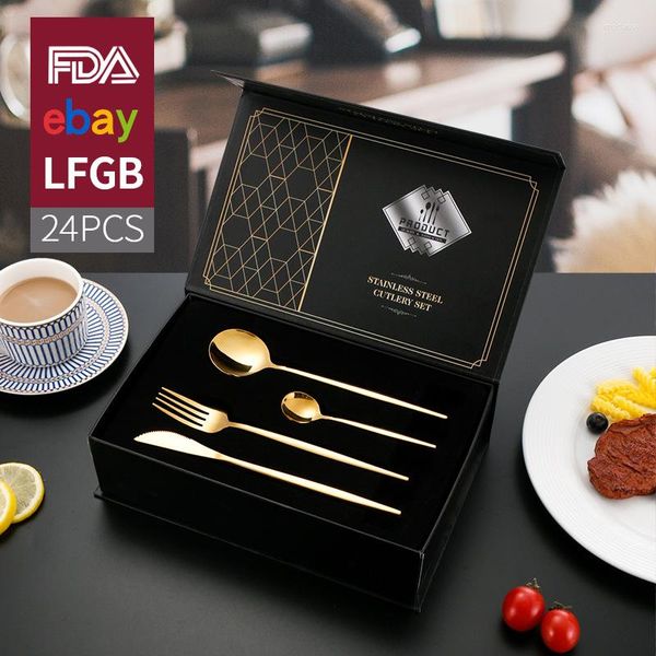 Juegos de vajilla Portugal acero inoxidable Vajilla occidental Titanium Caja de regalo de oro Titanium Artículo de cuchillo de bistec y cuchara de 24 piezas Conjunto de 24 piezas