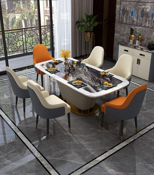 Ensembles de vaisselle Post-moderne, chaise en marbre, combinaison filet rouge, Table à manger rectangulaire italienne, fourrure de luxe légère