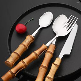 Dijkartikelen puur natuurlijke bamboehandgreep zilveren bestek set 4/16pcs tafels lepel lepel flatware roestvrij staal