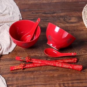 Ensembles de vaisselle rouge Double bonheur en céramique, cadeau chinois de mariage, bol, baguettes, cuillère, plateau, service de table