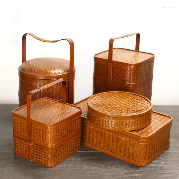 Ensembles de vaisselle Retro Bamboo Tea Set Rangement Boîte de rangement portable Pizza Pizza Lunch Sushi Take Out Cake High Grade Gift