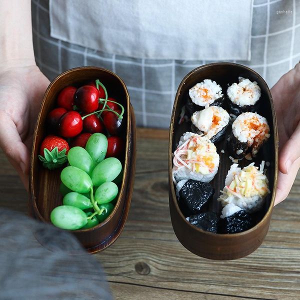 Conjuntos de vajilla Caja retro Caja portátil de madera Estudiante japonés Sushi Can Almuerzo Contenedor Cajas desechables Snack