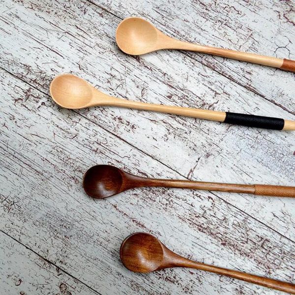 Conjuntos de vajilla Retro Mango largo Cuchara de madera Café Té Cocinar Utensilio de comedor Cubiertos Manteles de madera para juego de mesa de cocina