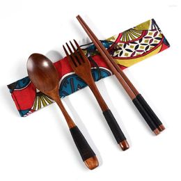 Ensembles de vaisselle ensemble de couverts en bois de bambou réutilisable cuillères fourchettes baguettes avec sac en tissu ustensile pratique outils de cuisine