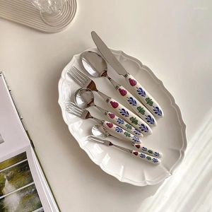 Dijkartikelen sets herbruikbare Noordse witte bloem roestvrijstalen vork lepel set vintage diner porselein servies keuken