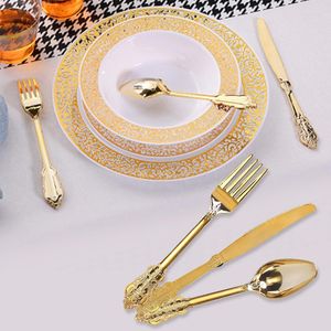 Dijksets Rose Gold Plastic wegwerp Draaggerei Dessert Knives Vorken Lepel Bruiloft Verjaardagsfeest Decoratie Snel Set