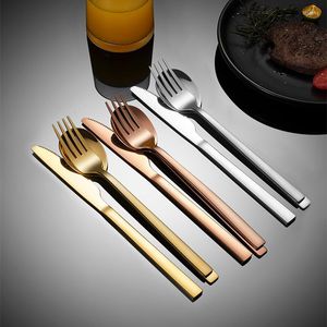 Ensembles de vaisselle Rose doré manche carré couteau à Steak cuillère fourchette ensemble de couverts en acier inoxydable maison vaisselle pour enfants ustensiles de cuisine