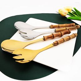 Dijksets Salad vork vork anti-Scald Natural Bamboo Handhend roestvrijstalen servicesoep lepels praktische keukenaccessoires
