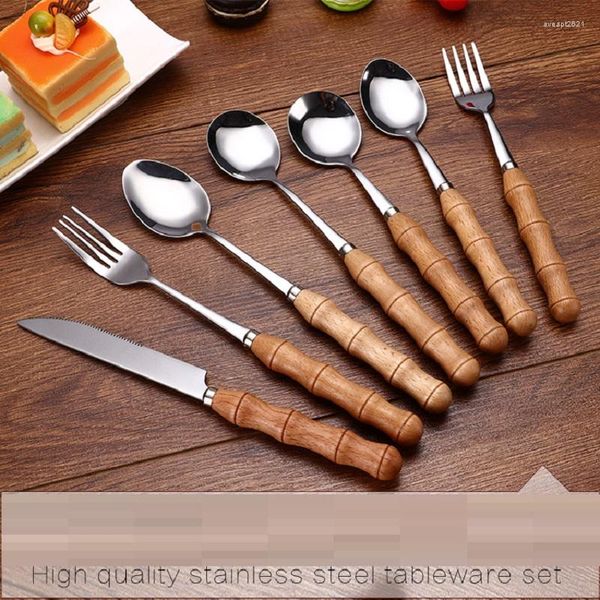 Ensembles de vaisselle Sets7Pcs / Set Bambou Poignée Couteau Fourchette En Acier Inoxydable Ustensiles De Cuisine Résistance À Haute Température Qualité