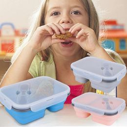 Ensembles de vaisselle Boîte à bento pliable en silicone avec couvercle Section à deux portions de grille Déjeuner Four à micro-ondes étanche Chauffage pliant