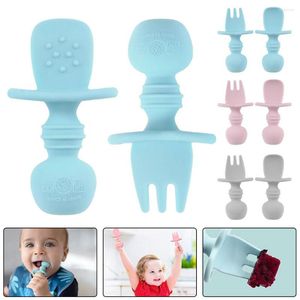 Ensembles de vaisselle cuillère en Silicone bébé apprendre à manger formation poignée courte supplément fourchette souple ensemble de vaisselle