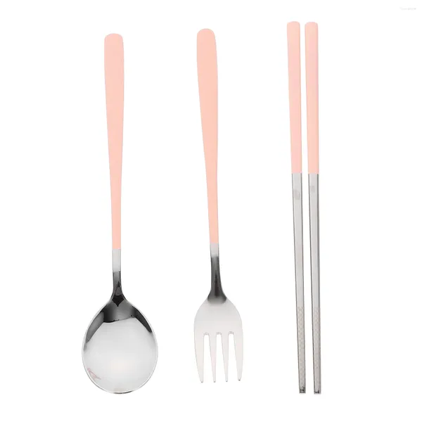 Ensembles de vaisselle Ensemble de couverts en argenterie Baguettes Cuillère réutilisable portable Cuillères Vaisselle avec étui de rangement Étudiant de voyage rose