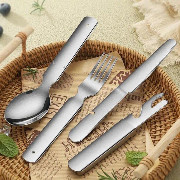 Ensembles de vaisselle Ensemble d'argenterie Cuisine pour la maison 4-en-1 Couverts en acier inoxydable Couteaux Fourchette Cuillère Ouvre-boîte Vaisselle