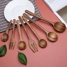 Dijkartikelen Sets massief houten tasjes lepel vork anti-Scald Tea Coffee Roerende lepels soep theelepel keuken keuken kookgerei gereedschap accessoires