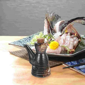 Ensembles de vaisselle Pot de sauce soja Bouteille de vinaigre de cuisine Petits bocaux Distributeur en céramique de style japonais Récipient en bois