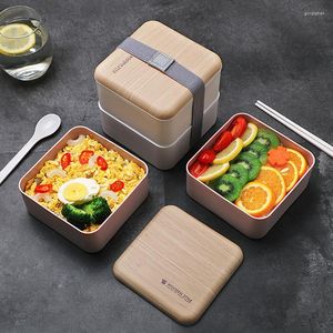 Ensembles de vaisselle carré double couche en bois simple Bento style japonais boîte à lunch portable pour les tout-petits étudiant adulte avec vaisselle