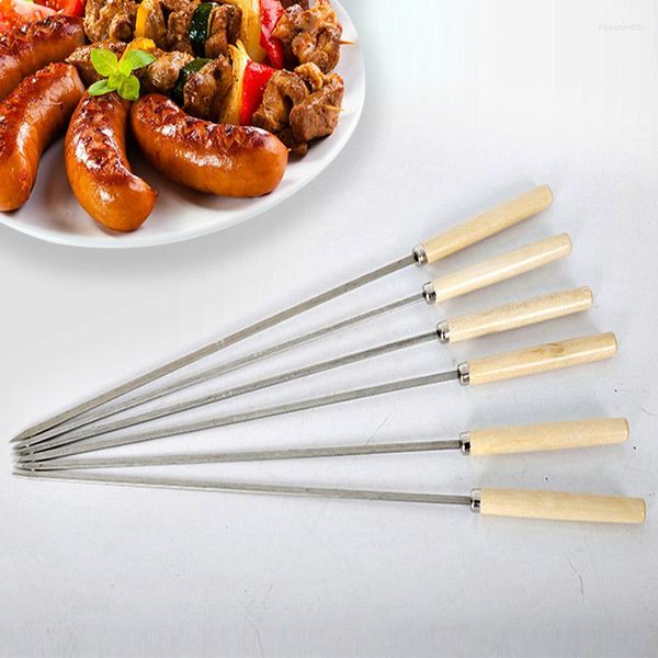 Ensembles de vaisselle brochettes de barbecue en acier inoxydable rôti Prod manche en bois brochette longue bâtons de gril outils d'extérieur Kabob 6 pièces/ensemble