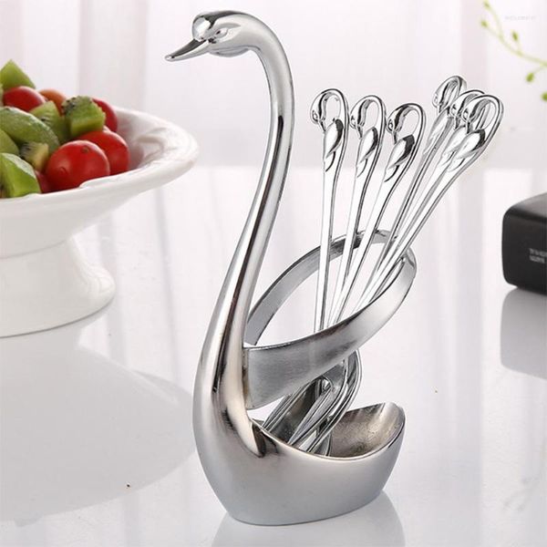 Ensembles de vaisselle Ensemble créatif en acier inoxydable Porte-base de cygne décoratif avec cuillères fourchettes pour café Dessert aux fruits Remuer Mélange