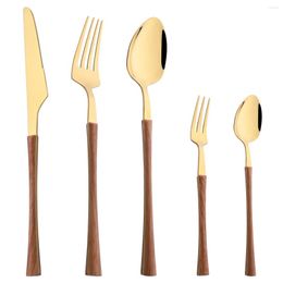 Geschirr-Sets, Edelstahl-Besteck-Set, goldfarbener Holzimitat-Griff, Besteck, Abendessen, Messer, Gabel, Löffel, Geschirr, Küchenbesteck