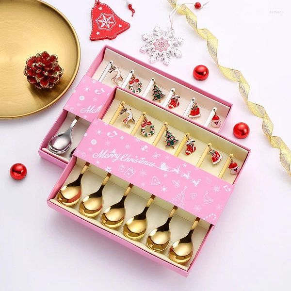 Ensembles de vaisselle Ensemble de couverts en acier inoxydable 6pcs Coffret cadeau pour enfants de Noël avec pendentif de Noël Dessert Fourchettes à fruits Cuillère à café -