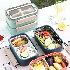 Dijkartikelen sets roestvrijstalen dubbele laag thermische lunchbox met servies voor tafelgoed draagbare bento keuken organizer verzegelde opslagcontainer