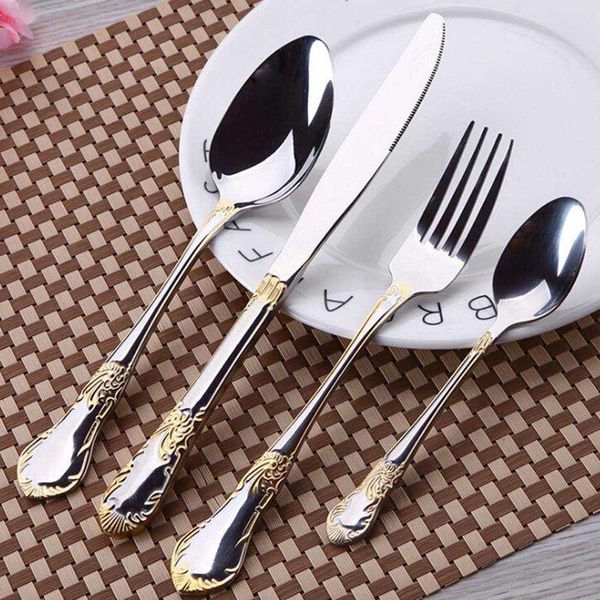 Juegos de vajilla de acero inoxidable de alta calidad cuchillo tenedor y cucharas juegos de cubiertos chapado en oro patrón Floral vajilla DropshipDinnerware