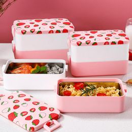 Ensembles de vaisselle Boîte à déjeuner isolée en acier inoxydable étudiant école multicouche style japonais motif fraise vaisselle BentoDinnerware D