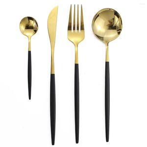 Dijkartikelen sets roestvrijstalen kinife vork lepel theelepel hoogwaardige spiegel zwart gouden huisdiner set keuken accessoires