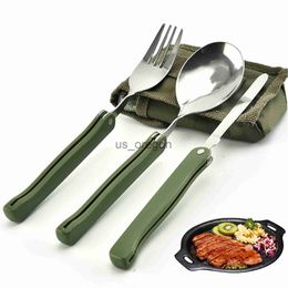 Ensembles de vaisselle en acier inoxydable Portable Pliage Couvreries Set Fork Couteau avec armée Green Souching Survival Camping Sac de camping extérieur Récipient X0703