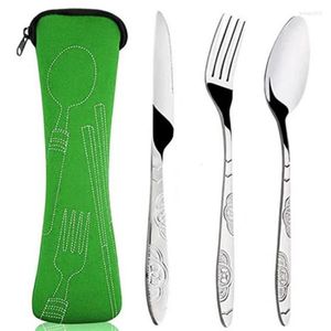 Conjuntos de vajilla Juego de cubiertos portátiles de acero inoxidable Viaje familiar Camping Cuchillo de comedor Ensalada Tenedor Cuchara de postre con estuche