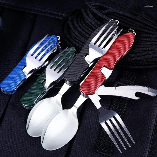 Ensembles de vaisselle en acier inoxydable cuillère de cuisine pliable barre multifonction fourche confortable 4 couleurs outils pliage