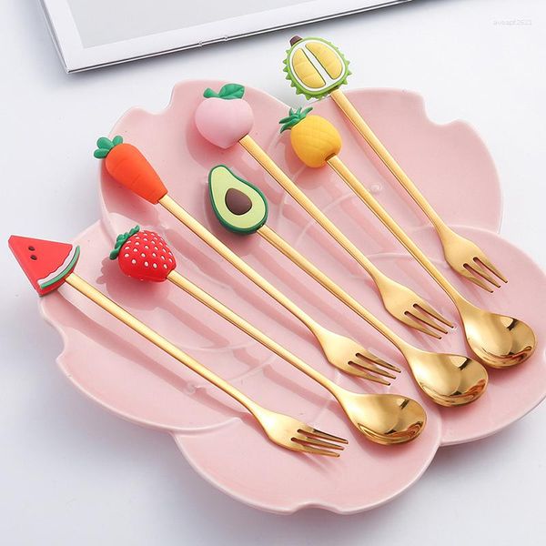 Juegos de vajilla Cuchara de acero inoxidable Tenedor Fruta de dibujos animados Macaron Postre Cucharas Tenedores Niños Set Accesorios de cocina