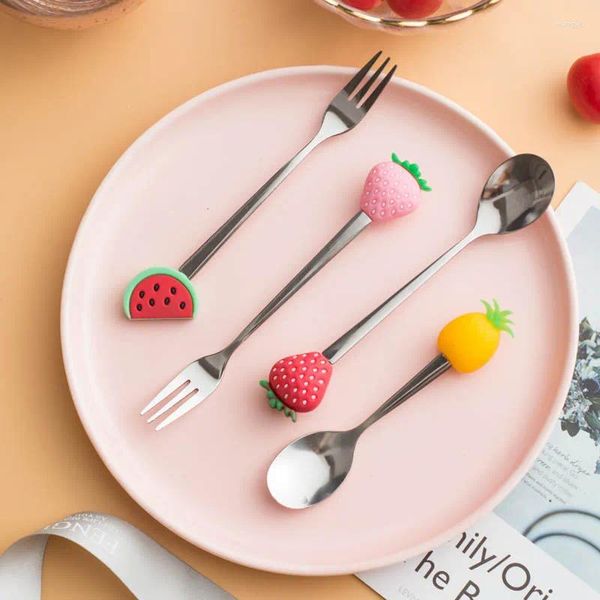 Conjuntos de vajilla Cuchara de acero inoxidable Tenedor Fruta Colorido Patrón lindo Postre Niños de accesorios de cocina