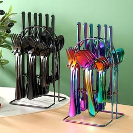 Ensembles de vaisselle Vaisselle en acier inoxydable 24 pièces couteau fourchette cuillère ensemble support or couverts et