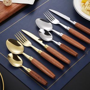 Ensembles de vaisselle en acier inoxydable manche en bois couverts couteau fourchette cuillère costume ménage argent doré cuisine couverts occidentaux