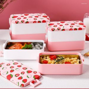 Ensembles de vaisselle motif fraise boîte à lunch pour filles Miss écolière dame mignon Bento école employé de bureau sacs portables sac thermique