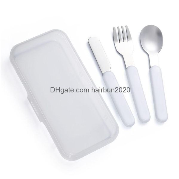 Conjuntos de vajilla Sublimación Niños Cubiertos Set Blanco Blanco DIY Tenedor Cuchillo Cuchara Acero inoxidable Portátil Niños Vajilla Personalizada DHK8X