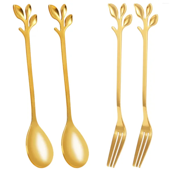 Ensembles de vaisselle de table de table Gold Leaf Coffee Spoon Fork 4 Pack (2 cuillères 2 fourches) Little Demitasse Espresso and Aptetizing Dessert Forks Set