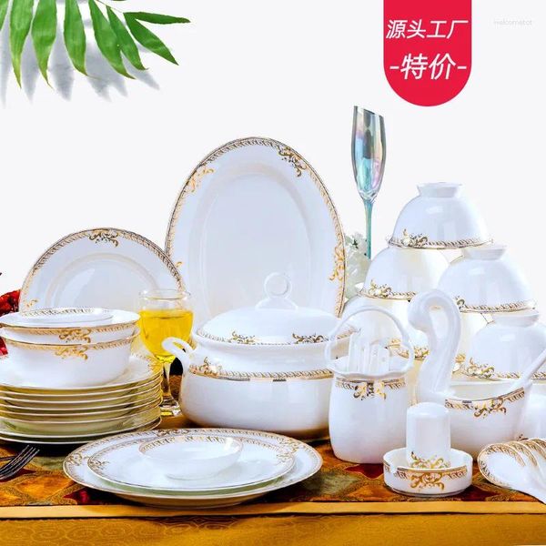 Ensembles de vaisselle Ensemble de vaisselle 60 Pc Os Porcelaine Jingdezhen Céramique Promotion Cadeau Bol Assiette