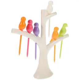Ensembles de vaisselle en forme d'arbre et d'oiseau, cure-dents en plastique, fourchette à fruits (blanc)