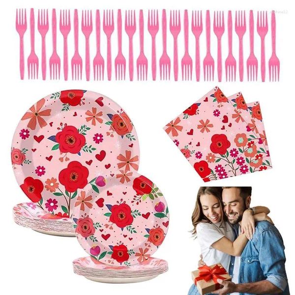 Securware de vajillas suministros de fiesta de día de San Valentín 96 piezas Juego de vajillas de flores rosadas Impresión de color impermeable Plato de cumpleaños