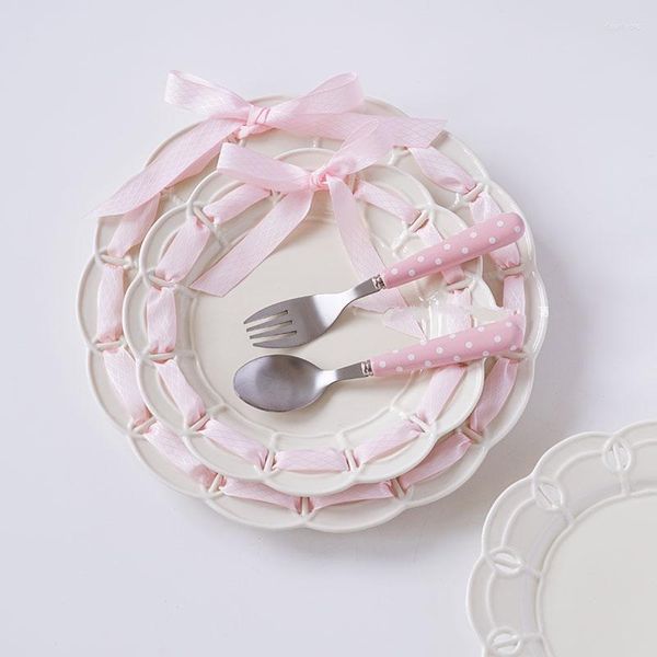 Ensembles de vaisselle Vintage français ruban creux nœud papillon assiette à dîner en céramique mariage Po belle décoration Grace Dessert gâteau