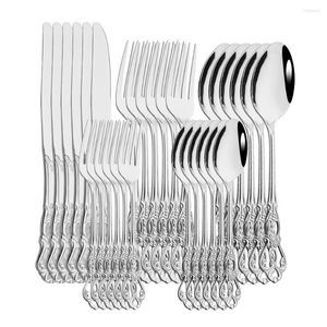 Ensembles de vaisselle Vintage Argent Vaisselle Couverts Ensemble 30 Pcs Couverts En Acier Inoxydable Classique Gravure Poignée Couteau Fourchette Cuillère