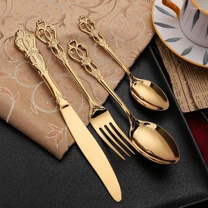 Dijkartikelen Vintage Western Gold Ploated Cutlery Dining Knives Forks theelepels Set gouden luxe gravuretafelgerei gebruiksvoorwerpen